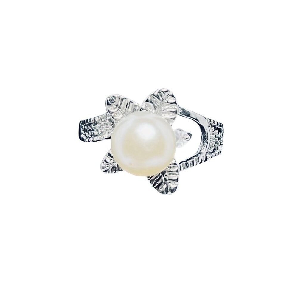 Faux Pearl & Clear Rhinestone Silver Tone Flower Statement Ring Sz 6 (R422) - Picture 3 of 7